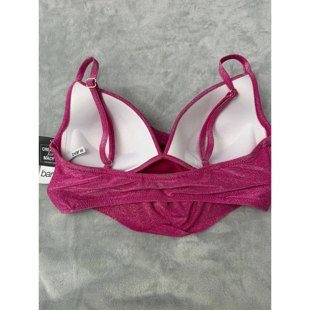 NWT BAR III Women's Cowl-neck Shimmer Bikini Top Pink Handkerchief Large $48